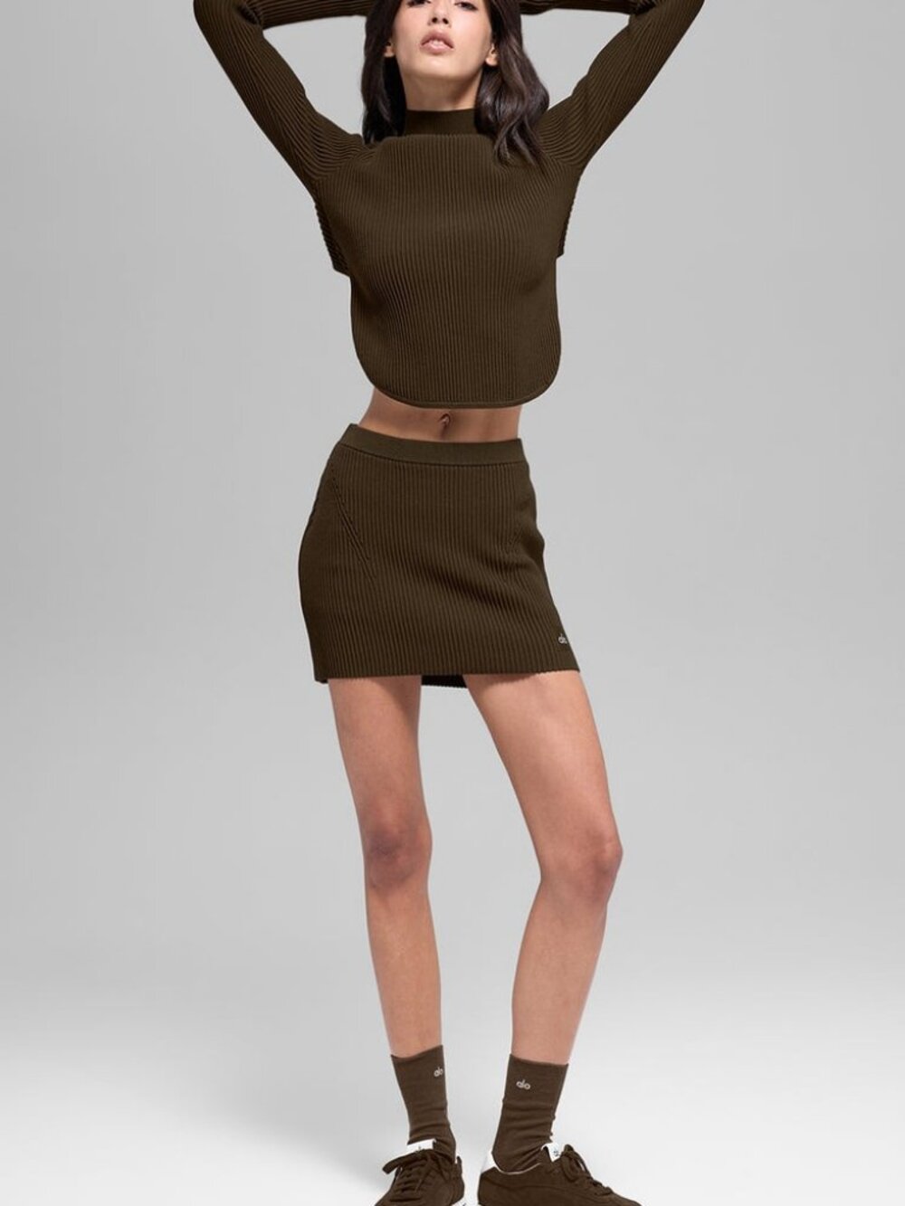 Alo Yoga Denim Knit High-Waist Mini Skirt Espresso/Black S NWT